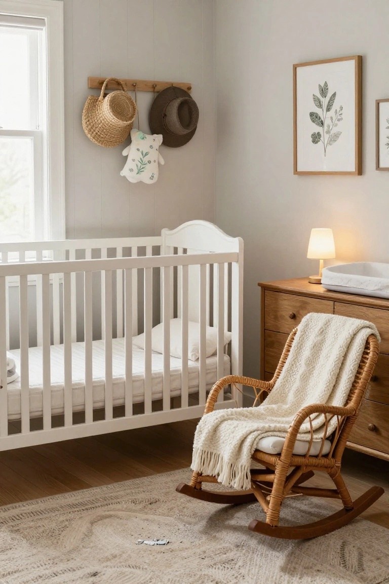 A light gray nursery room with white crib, wooden dresser and changing station, rattan rocking chair with white knit throw, wall hooks holding baskets hats and stuffed toy, leaf print artwork, and woven rug on wood floors.