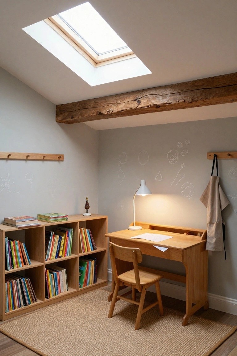 Attic room interior with sloped light gray ceiling, skylight, exposed wooden beams, wooden bookshelves stocked with children's books, wooden desk with chair and lamp, peg rail, and hanging apron on light gray walls over seagrass rug.