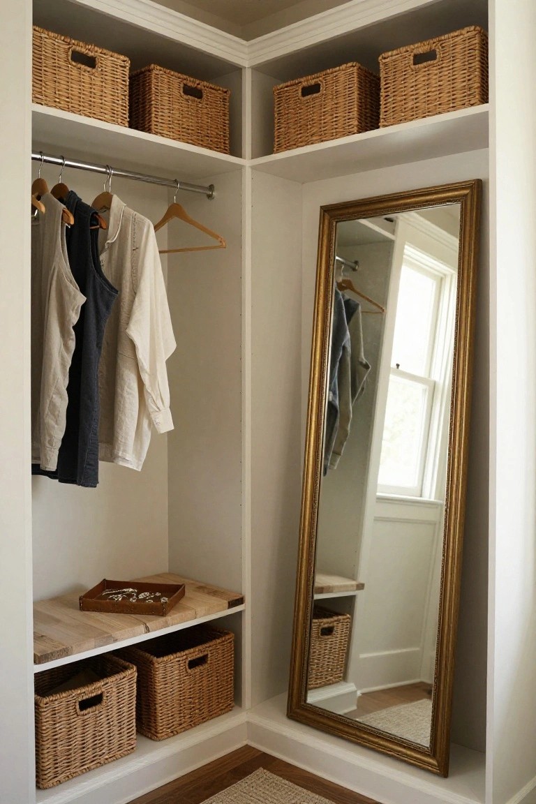 Corner white built-in closet with open shelves holding wicker baskets, hanging rods with clothes, wooden shelf with jewelry tray, and tall gold-framed mirror.