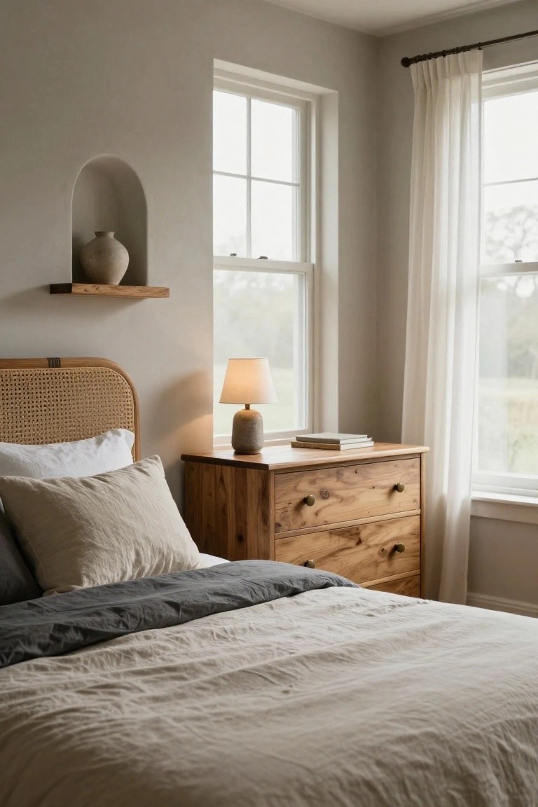 Bedroom interior with rattan headboard bed covered in neutral linens, wooden dresser topped with lamp and books, arched wall niche holding a vase on wooden shelf, and sheer curtains on double-hung windows.