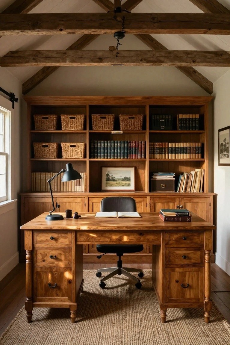Wooden desk with black leather chair centered between tall wooden bookcases filled with books, baskets, and boxes in a room with exposed beam ceiling and seagrass rug.