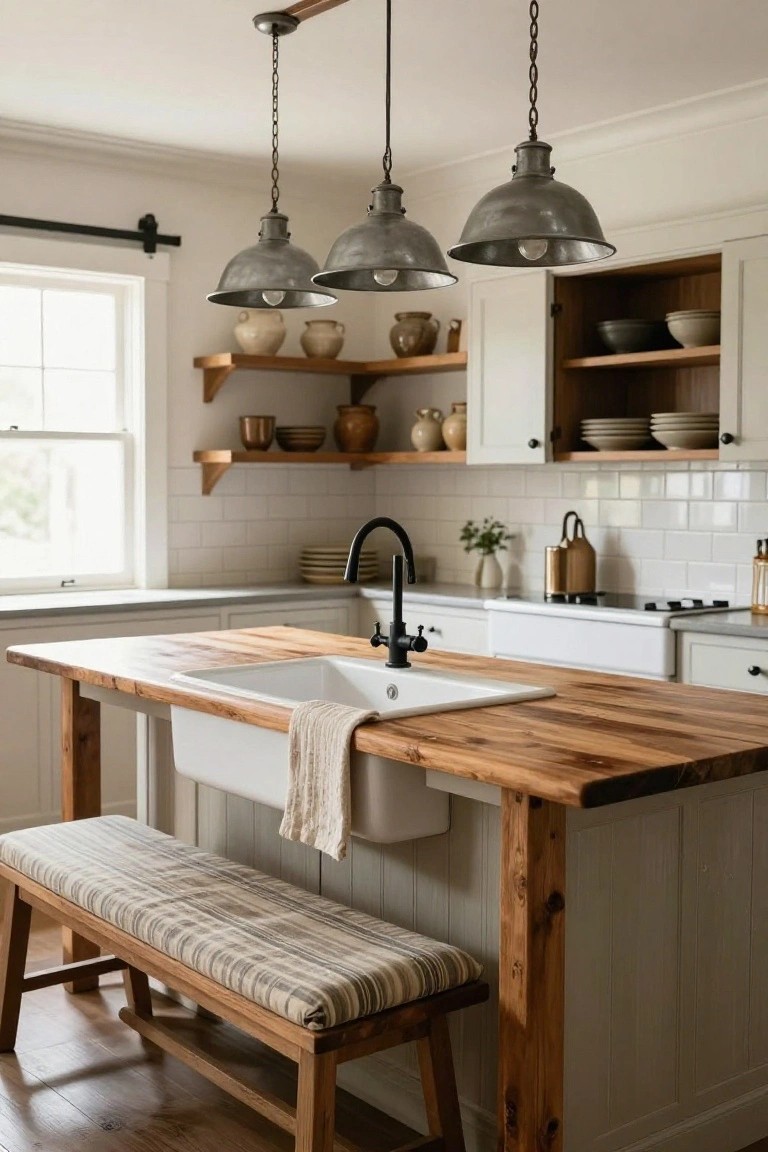 A farmhouse kitchen with a large wooden island featuring a white apron-front sink, black faucet, draped towel, cushioned bench seat, hanging metal pendant lights, open shelves with pottery, white cabinets, and white subway tile backsplash.