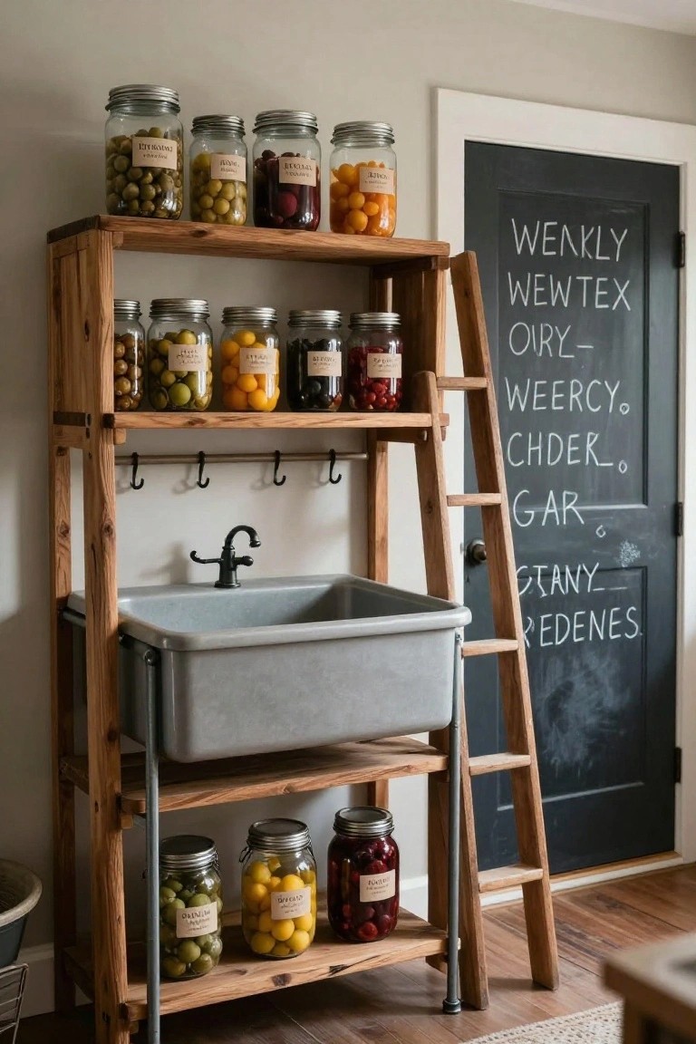 Wooden ladder-style shelving unit with integrated gray utility sink, holding glass jars of preserved olives, lemons, cherries, and other fruits and vegetables, positioned next to a black chalkboard door with white chalk writing.