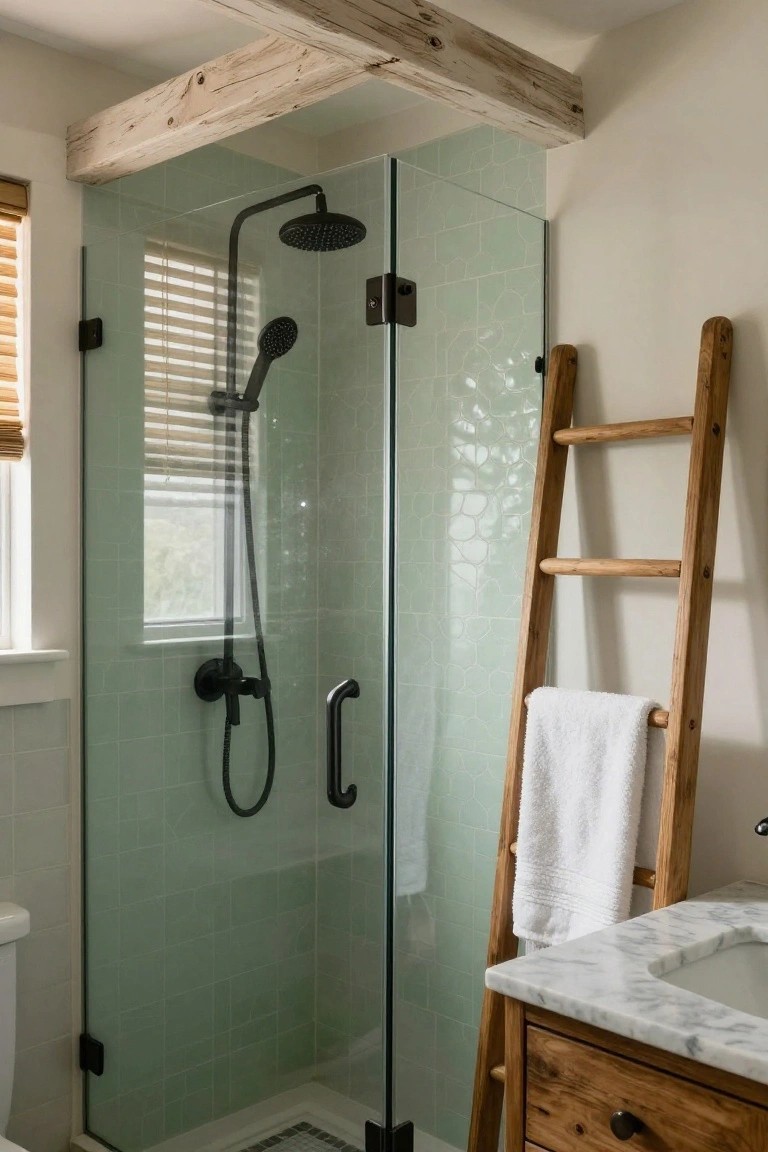 A modern farmhouse bathroom with a glass shower enclosure tiled in light green honeycomb pattern, black metal shower fixtures, a tall wooden ladder towel rack holding a folded white towel, marble-topped wooden vanity, and white toilet.