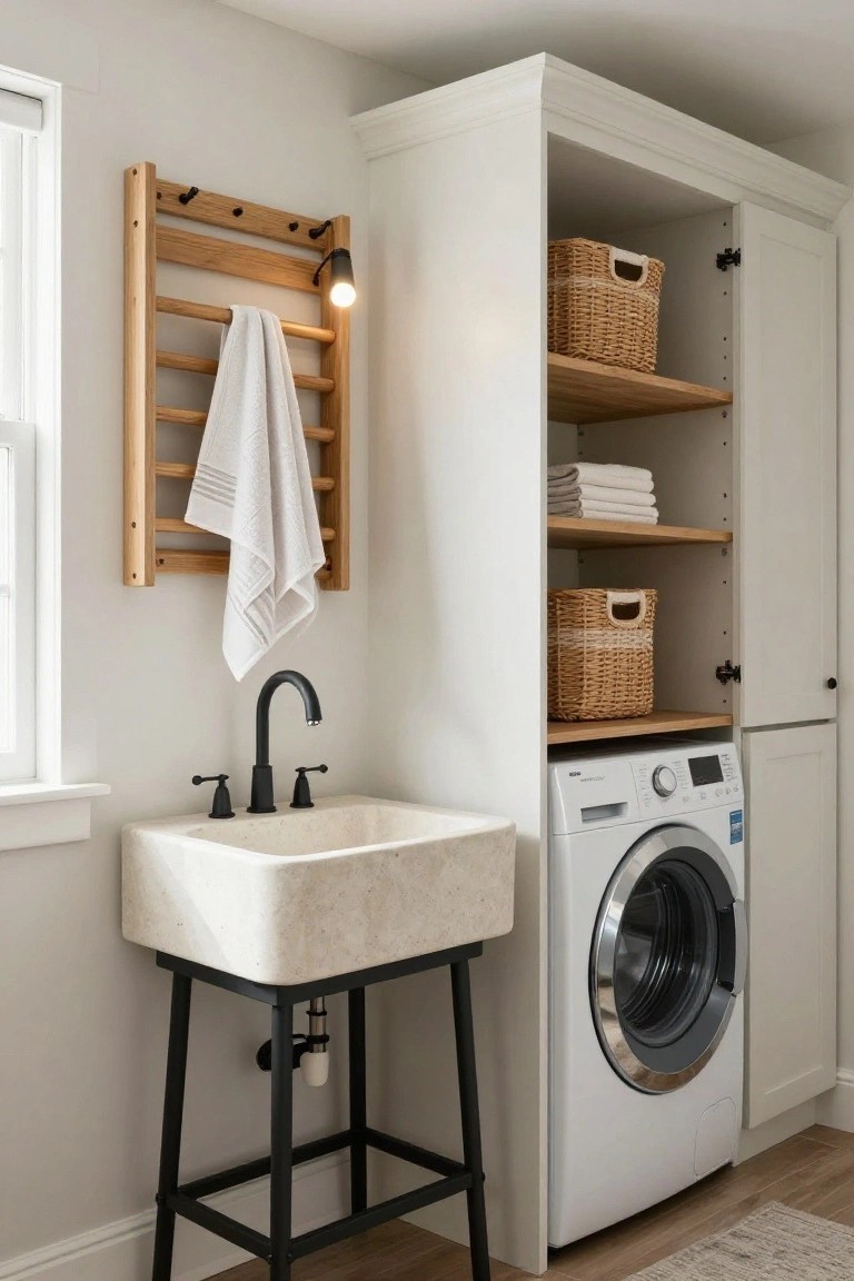 Laundry room with creamy stone farmhouse sink on black metal stand next to white front-loading washer, tall white cabinets with wicker baskets and folded towels on wooden shelves, wooden ladder towel rack on wall, and black faucet.