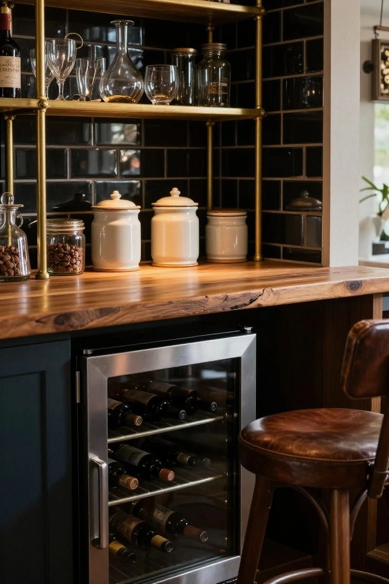 Kitchen bar counter with live-edge wood top, brass pipe shelving stocked with glassware and jars against black subway tile backsplash, undercounter wine refrigerator, and leather bar stool.