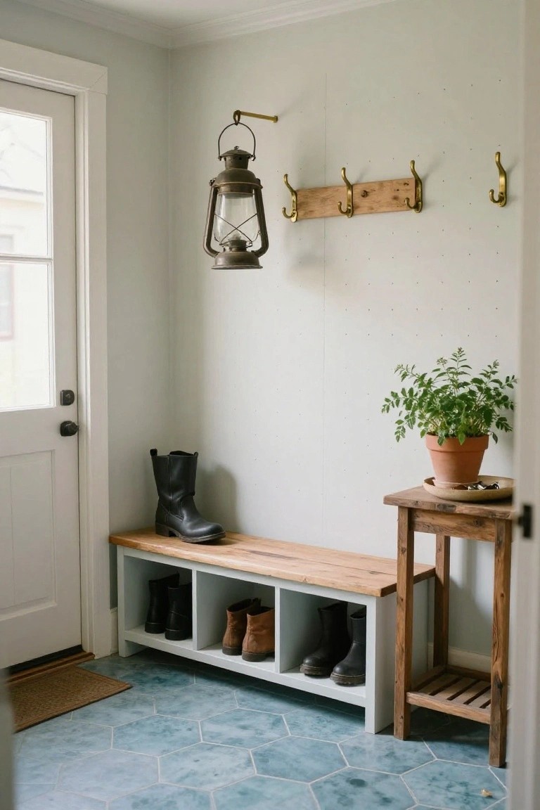 Mudroom interior with a wooden bench featuring open cubbies storing black and brown boots, wall-mounted hooks and lantern above, potted plant on wooden side table, and blue hexagonal tile floor by a white door.
