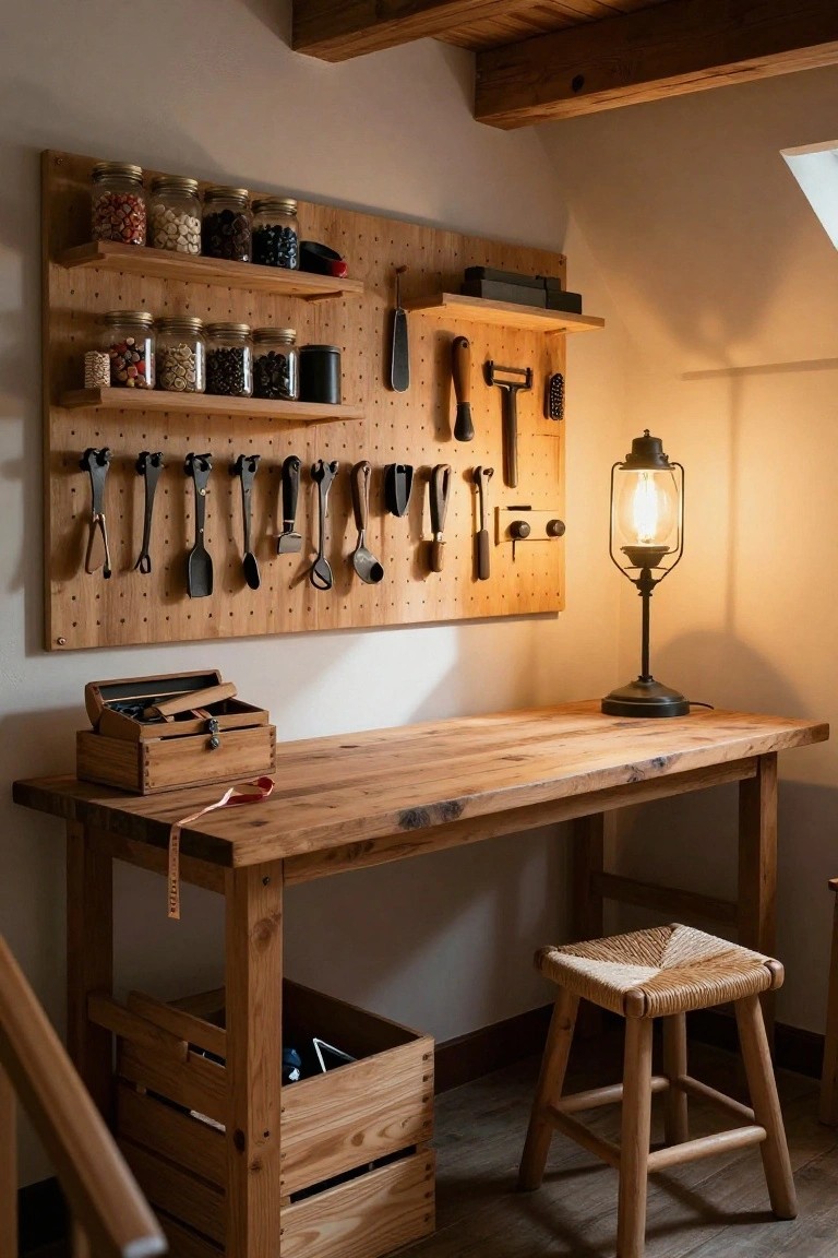 Rustic interior workspace with wooden workbench, pegboard wall holding utensils and tools, shelves with glass jars of ingredients, wooden crates, rattan stool, and lantern lamp.