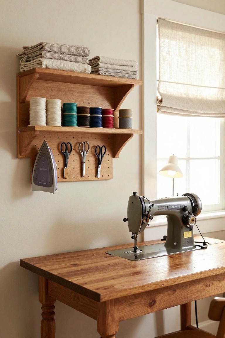 Wooden wall shelf with pegboard holding colorful spools of thread, scissors, iron, and towels, positioned above a vintage gray sewing machine on a wooden table in a light beige room with a window and lamp.
