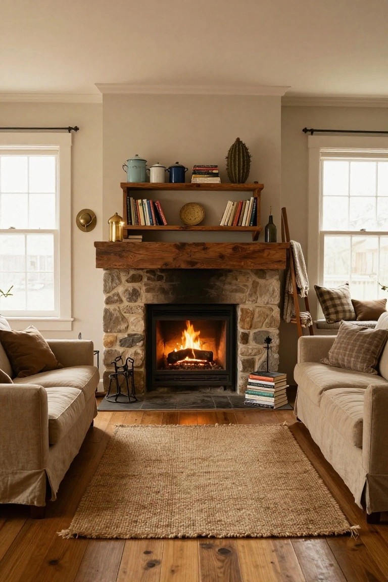 A cozy living room centered on a lit stone fireplace under a large wooden beam mantel, with beige slipcovered sofas facing it, bookshelves and shelves above the mantel, hardwood floors, and seagrass rug in front.