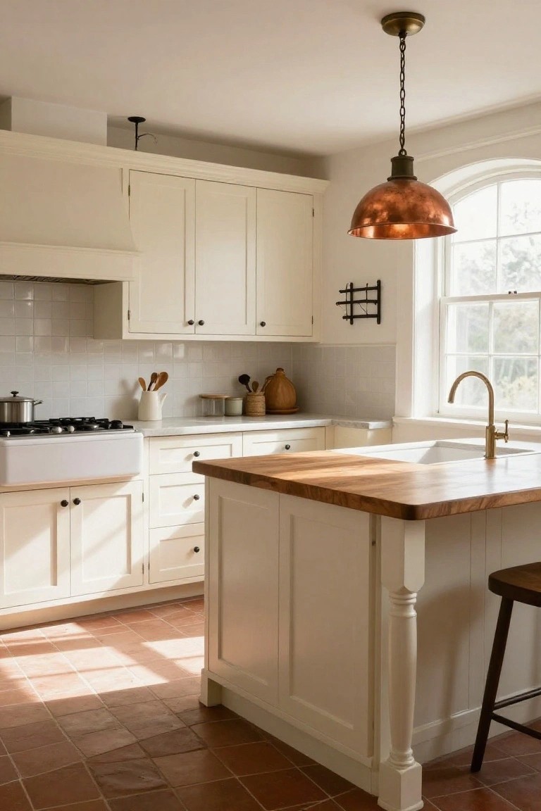 A sunlit farmhouse kitchen featuring white shaker-style cabinets, a central freestanding island with wooden butcher block countertop and turned legs, white farmhouse sink, and red terracotta tile floor.