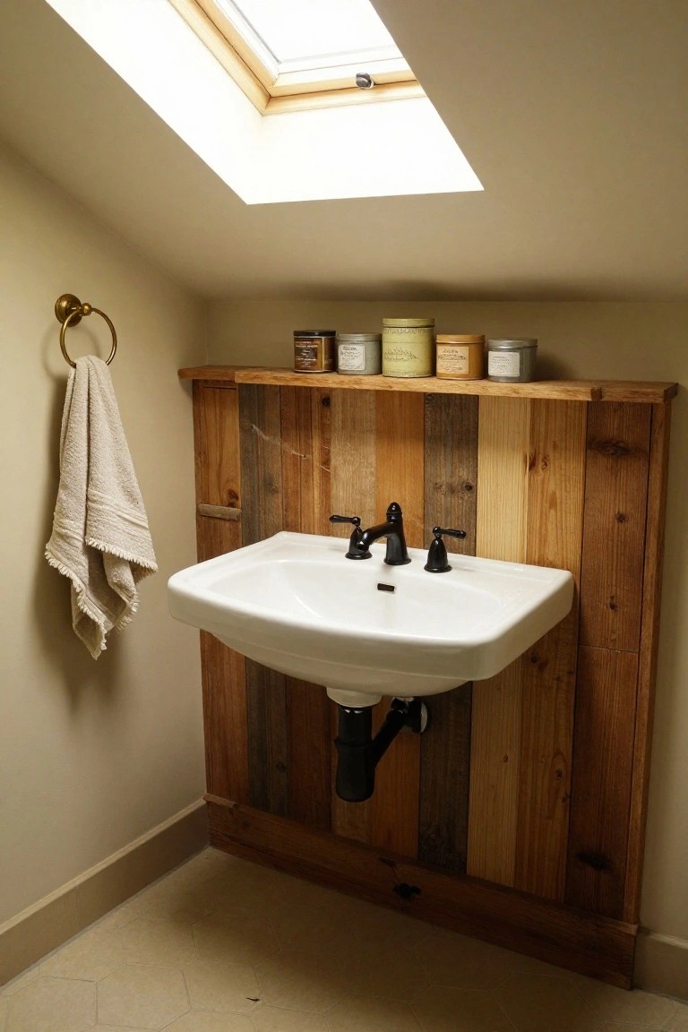 Small bathroom featuring a white sink mounted against horizontal reclaimed wood planks on the wall, with a towel on a brass ring, candles and jars on a wooden shelf above the sink, and a skylight in the sloped beige ceiling.
