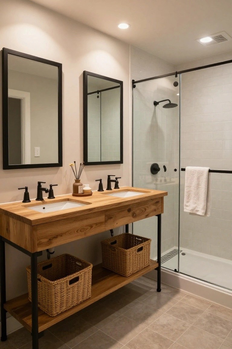 Bathroom interior with a wooden double vanity on black metal legs holding two white undermount sinks and black faucets, flanked by black-framed mirrors, reed diffuser on counter, wicker baskets below, and glass shower enclosure with black frame.