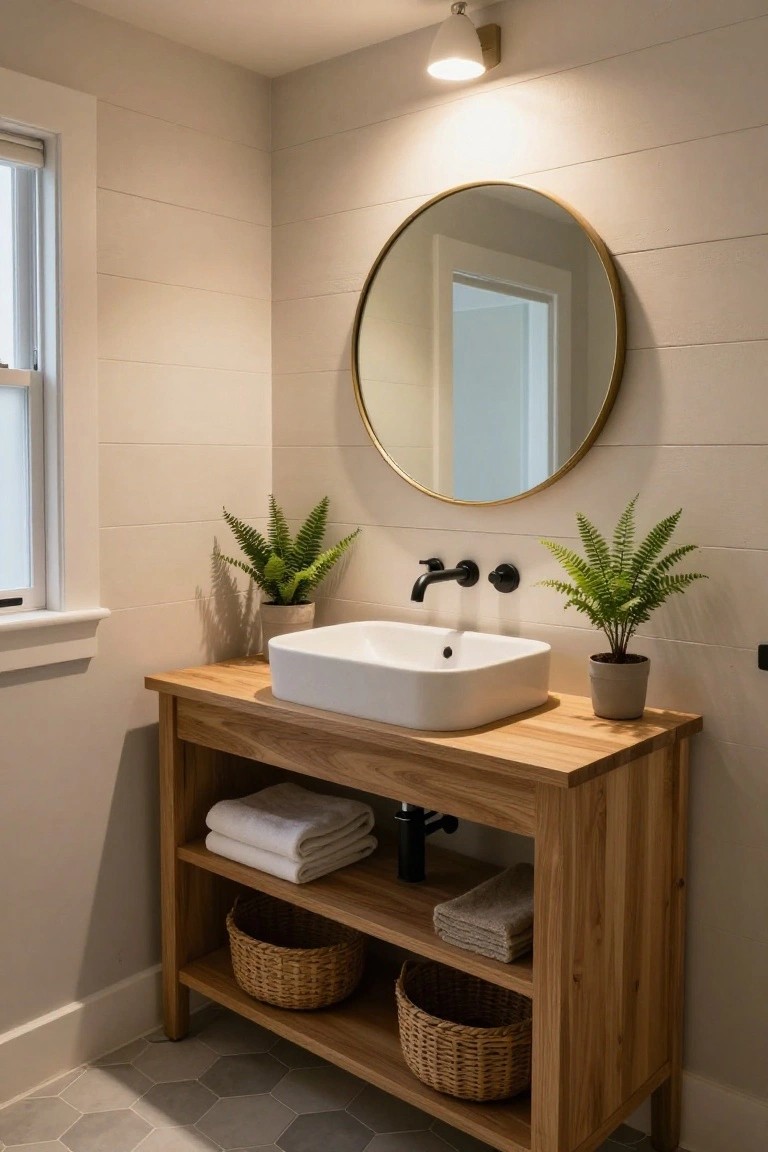 Light oak wood bathroom vanity with open lower shelves holding woven baskets and folded towels, white square sink, black wall-mounted faucet, gold round mirror, two potted ferns, shiplap walls, and gray hexagonal floor tiles.