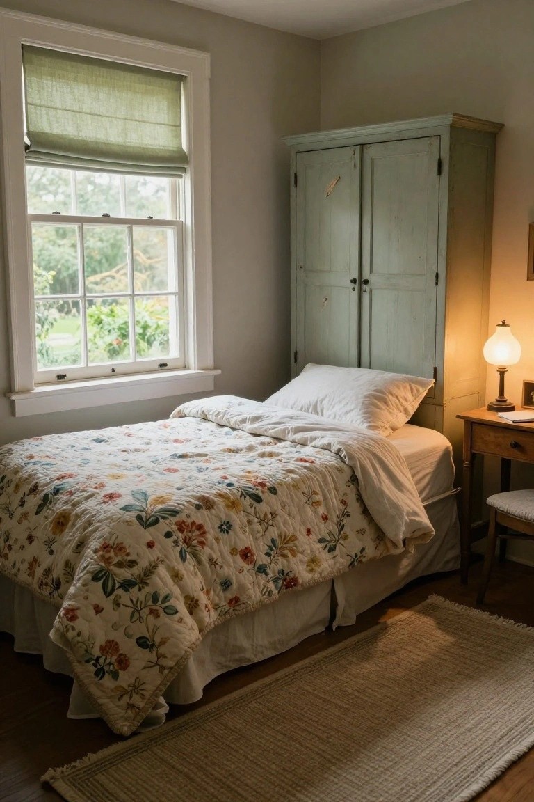 Light gray bedroom with tall mint green armoire beside a low bed covered by white sheets and floral quilt, wooden desk with lamp and papers, green roman shade on double-hung window overlooking garden, seagrass rug on hardwood floor.