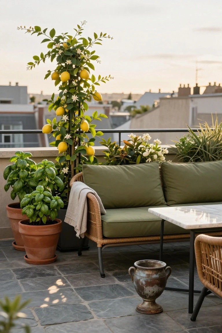 Rooftop terrace with tall trellised lemon tree bearing yellow fruit, potted basil plants, green wicker sofa and cushions, marble-top table, and assorted other potted plants on tiled floor overlooking rooftops at dusk.