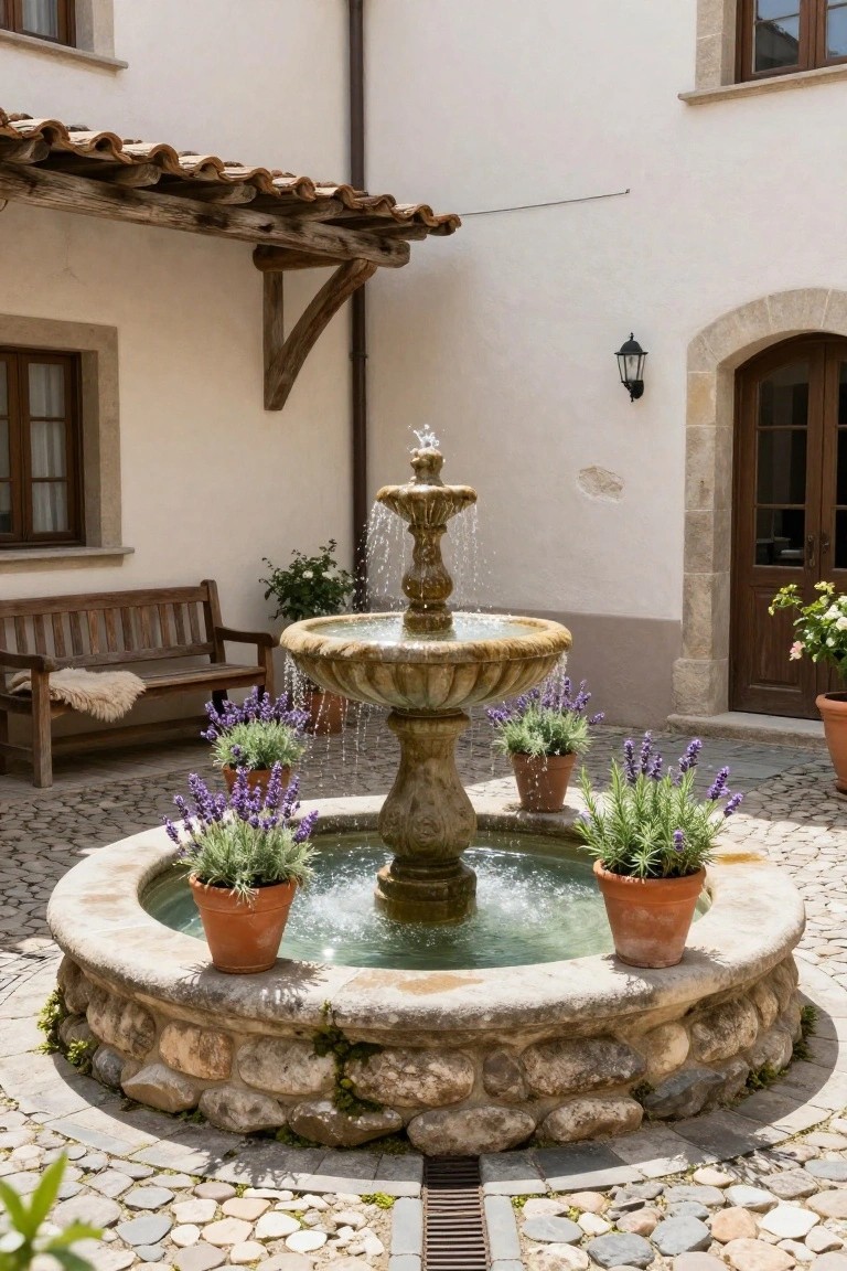 Stone fountain with cascading water in a circular basin, centered in a cobblestone courtyard with white stucco walls, potted lavender plants, wooden bench with cushions, and arched wooden door.