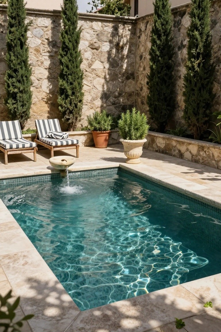 Small rectangular turquoise pool in a stone-walled courtyard with tall cypress trees, two white-and-black striped lounge chairs with cushions, potted rosemary and orange pots, and a stone fountain spilling water into the pool.