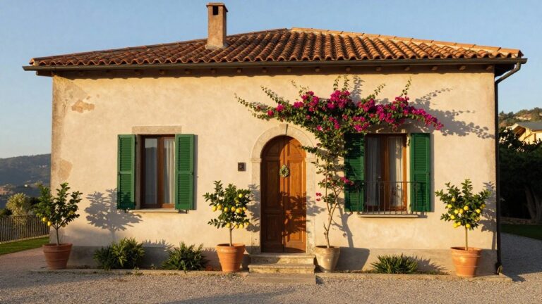 Beige stucco house exterior with terracotta tile roof, green shutters on upper balcony window draped in pink bougainvillea, arched wooden front door flanked by two potted lemon trees in terracotta pots, gravel driveway, and distant hills.