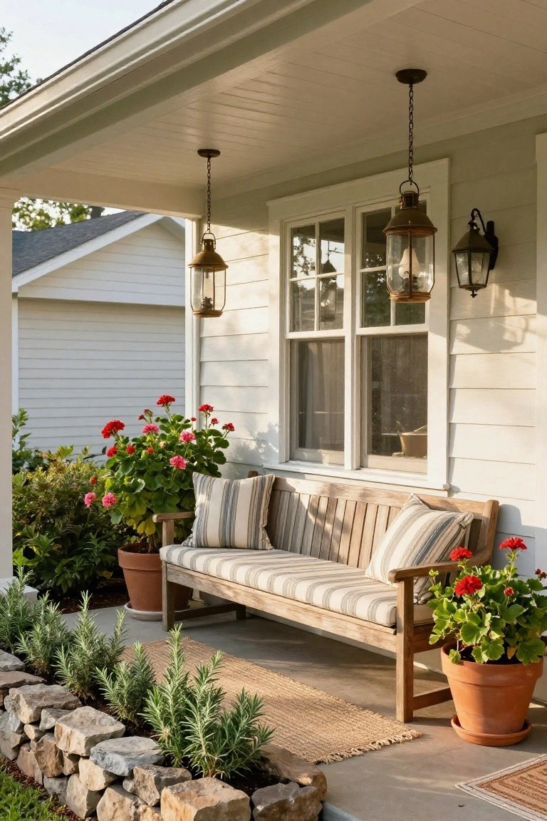 White clapboard house with covered front porch featuring wooden bench with striped cushions, potted red geraniums, rosemary plants in stone wall border, hanging lanterns, and jute rug.