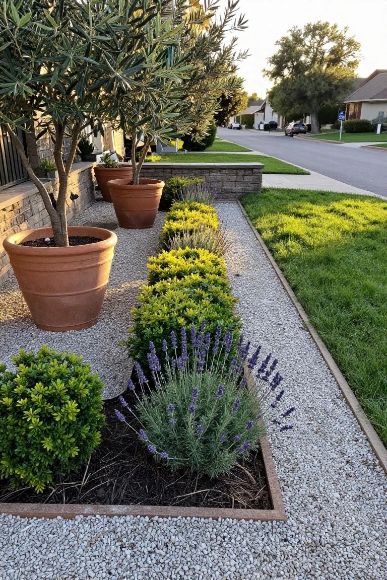 Gravel pathway bordered by raised planting beds with boxwood, yellow shrubs, and lavender, flanked by large terracotta pots holding olive trees next to a stucco house and stone wall.