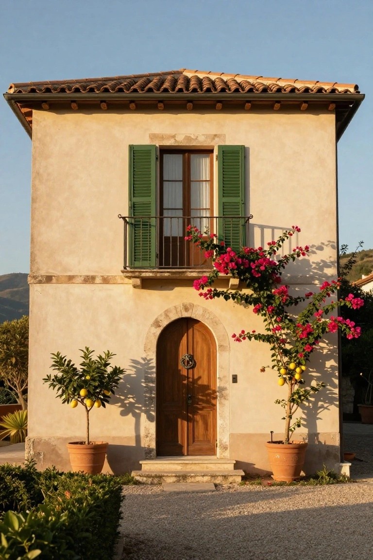 Beige stucco house exterior with terracotta tile roof, green shutters on upper balcony window draped in pink bougainvillea, arched wooden front door flanked by two potted lemon trees in terracotta pots, gravel driveway, and distant hills.