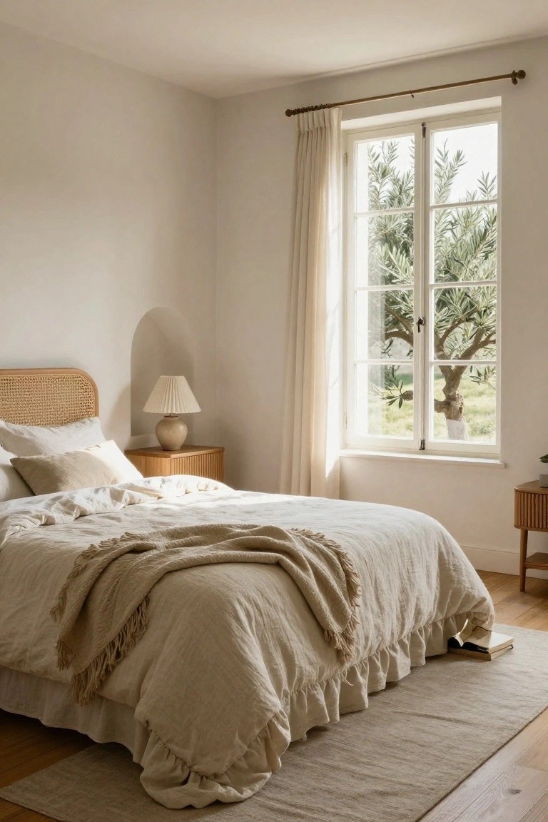 A light beige bedroom corner with rattan headboard bed dressed in white and cream linens and fringed throw, wooden nightstand with lamp, large window with sheer curtains showing olive tree outside, neutral rug on wood floor.