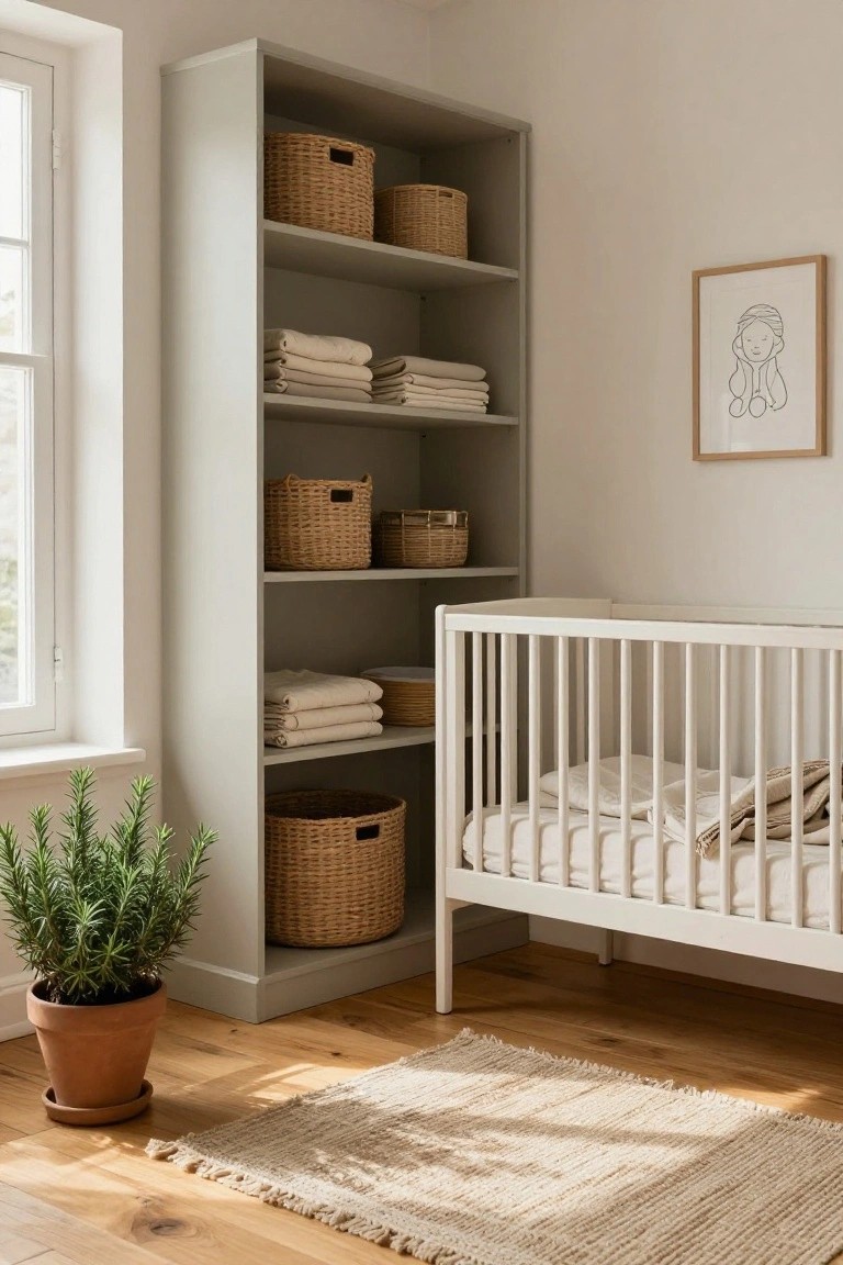 Tall grey open bookshelf filled with wicker baskets and folded beige linens next to a white crib in a light nursery room with wooden floors, beige rug, and potted rosemary plant.