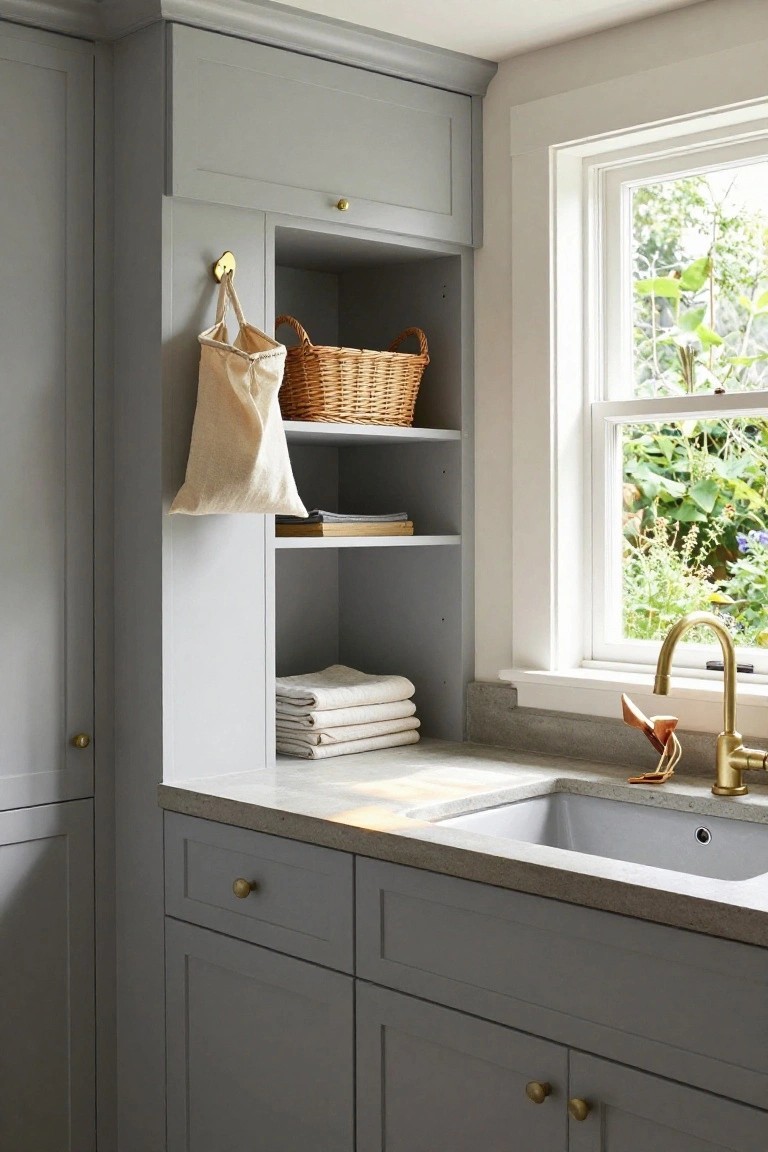 Gray painted cabinets and open shelving beside a white farmhouse sink with gold faucet in a kitchen, with linens, basket, and tote bag on shelves, and garden view through window.