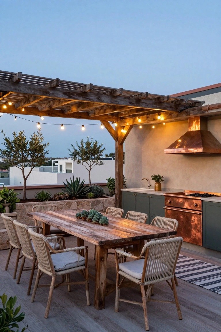Rooftop terrace with wooden pergola strung with lights, built-in outdoor kitchen featuring copper hood and green cabinets, long wooden dining table surrounded by rattan chairs, stone planters, and distant city view.
