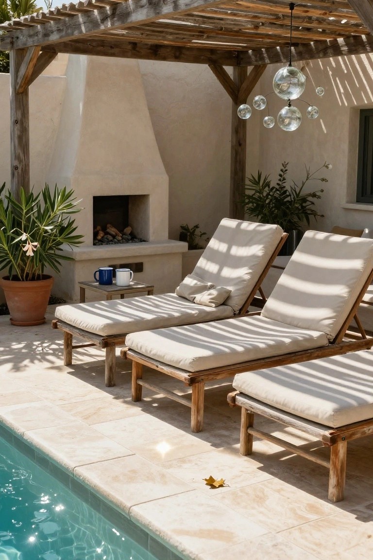 Wooden lounge chairs with white cushions on a tiled patio under a pergola with hanging glass orb lights, next to a pool, with potted plants, a fireplace, and a small table with blue and white mugs.