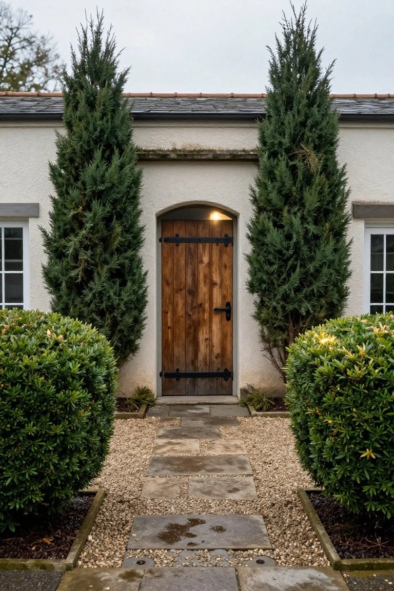 White stucco house facade with arched wooden door centered between two tall cypress trees, flanked by boxwood shrubs and a stone gravel path leading to the entrance.