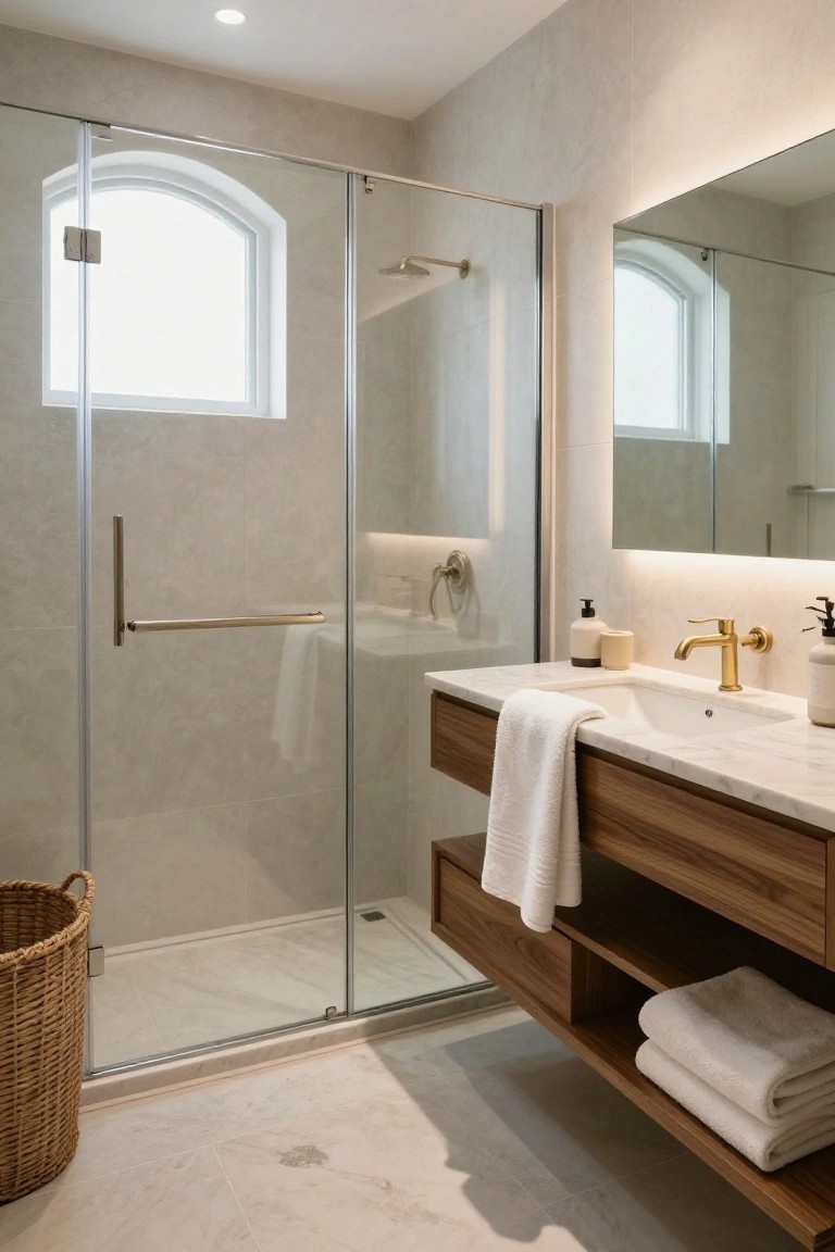 Modern bathroom with frameless glass shower enclosure containing an arched window, floating wooden vanity topped with white marble sink and gold faucet, neutral beige tiled walls and floor, towels on open shelves, and wicker laundry basket.