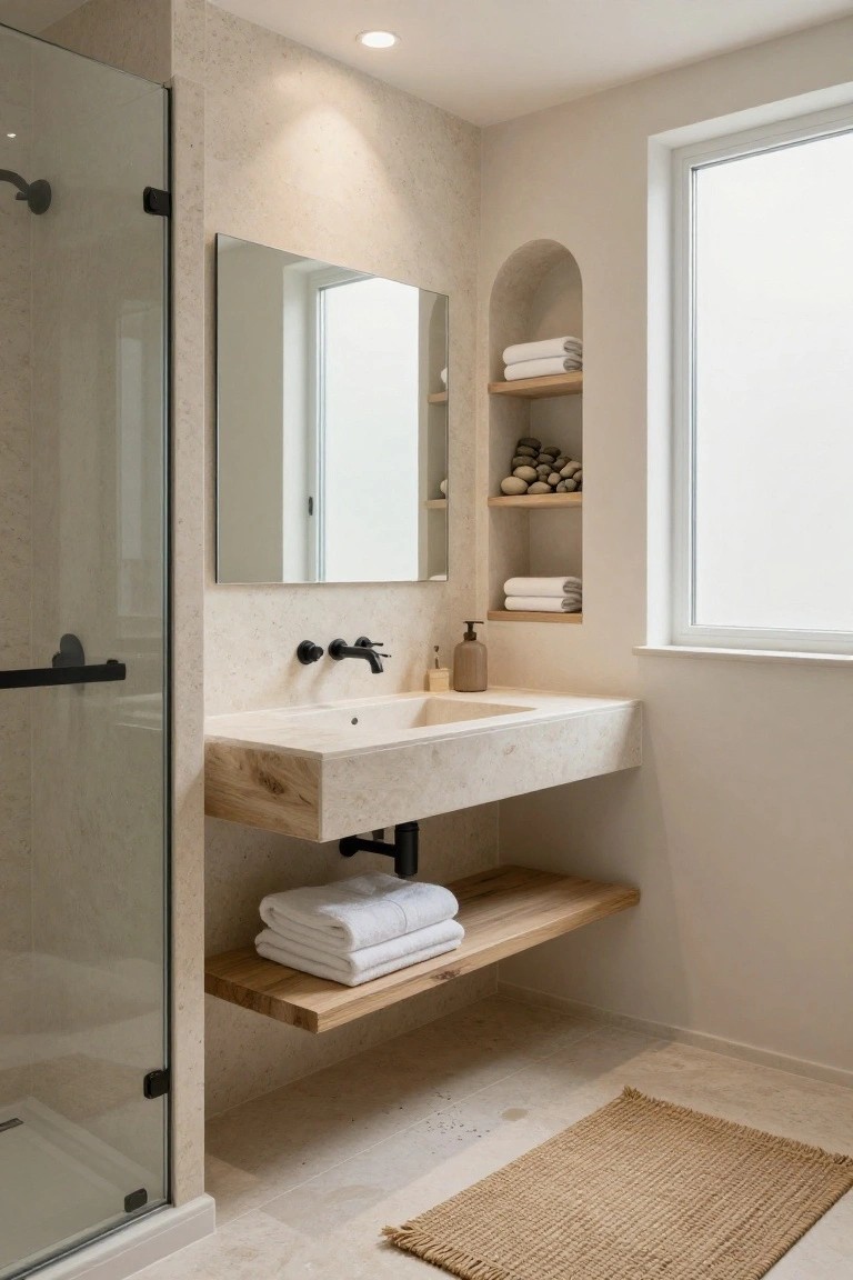 A minimalist bathroom with beige stone walls, a glass shower enclosure, floating white stone sink with black faucet, wooden shelf holding towels below the sink, and an arched wall niche with wooden shelves displaying white towels and pebbles next to a window.