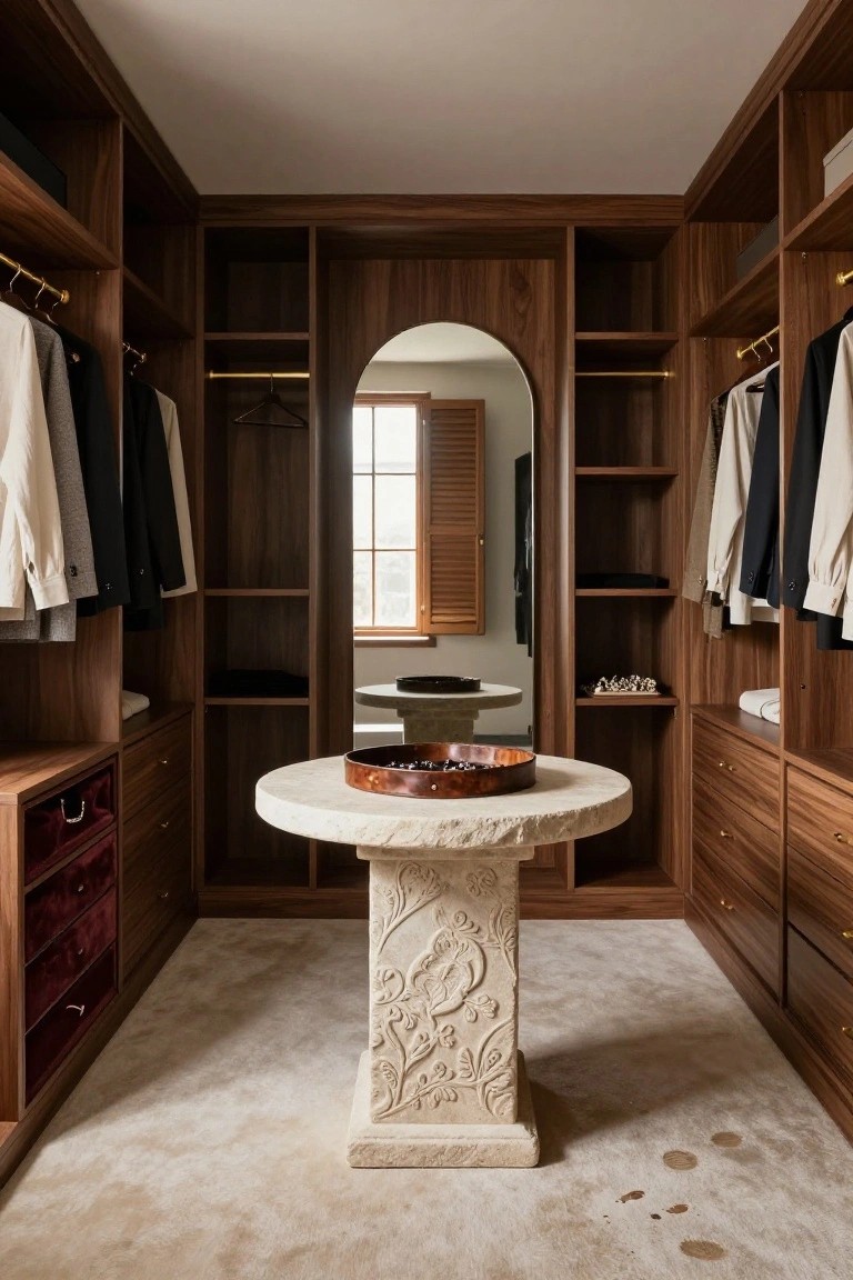 Walk-in closet featuring walnut wood cabinets and shelves with hanging clothes, a central round carved stone pedestal table topped with a copper tray, an arched mirror reflecting a window with shutters, and beige carpet on the floor.