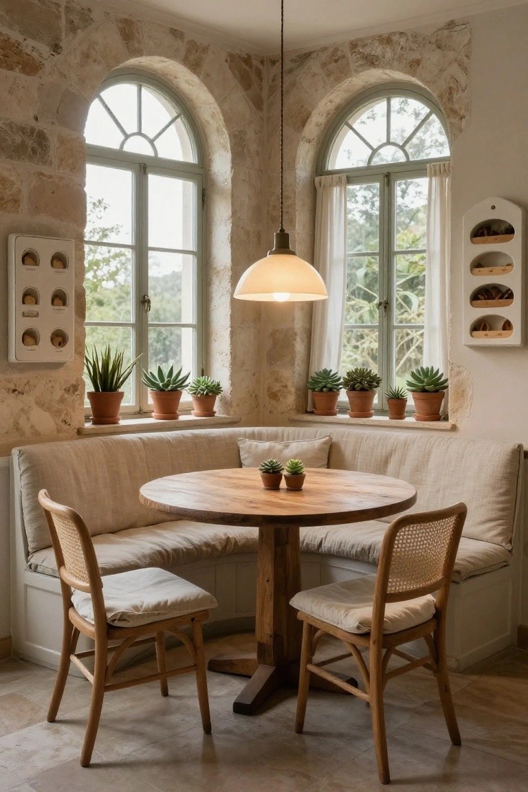 Interior corner of a stone-walled room with beige built-in banquette seating around a round wooden table, two rattan chairs, potted succulents on arched window sills, and white wall shelves.