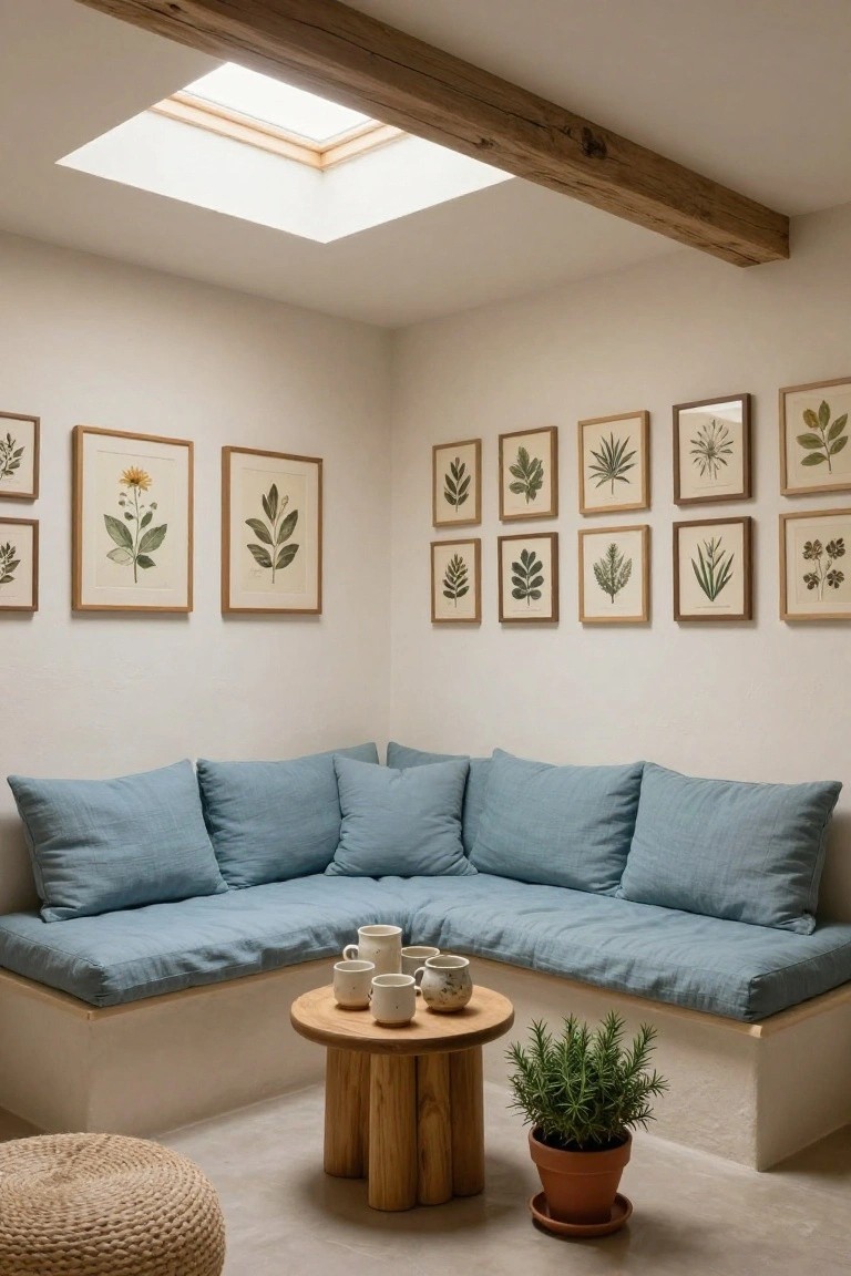 Corner room interior with white walls, exposed wooden beams, skylight above, grid of framed botanical prints on walls, blue linen L-shaped banquette, round wooden table with ceramic cups, potted rosemary plant, and woven floor pouf.
