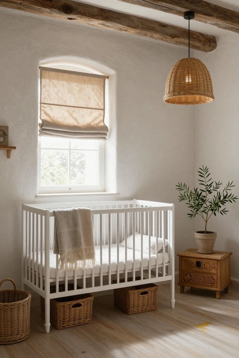 Nursery room with white walls, exposed dark wooden ceiling beams, white crib draped with neutral throw and pillows, wicker baskets for storage underneath, carved wooden nightstand, potted olive tree, linen roman shade on window, and rattan pendant light.