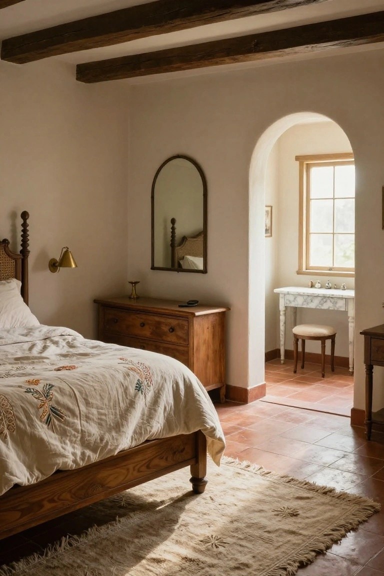 Bedroom with exposed dark wooden beams on white ceiling, rattan poster bed with white embroidered quilt, wooden dresser, arched doorway to bathroom with marble vanity and stool, terracotta tile floor, and woven rug.