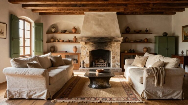 Rustic living room interior featuring exposed wooden ceiling beams, built-in wooden shelves displaying assorted terracotta pottery, a beige linen sofa, stone fireplace, hammered metal coffee table, and beige rug with patterned borders.