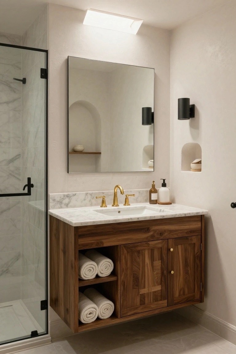 A bathroom interior with a suspended walnut wood vanity cabinet featuring open shelves with rolled white towels, white marble countertop and gold faucet, large rectangular mirror, black metal wall sconces, arched wall niches, and glass shower enclosure against light beige plaster walls.
