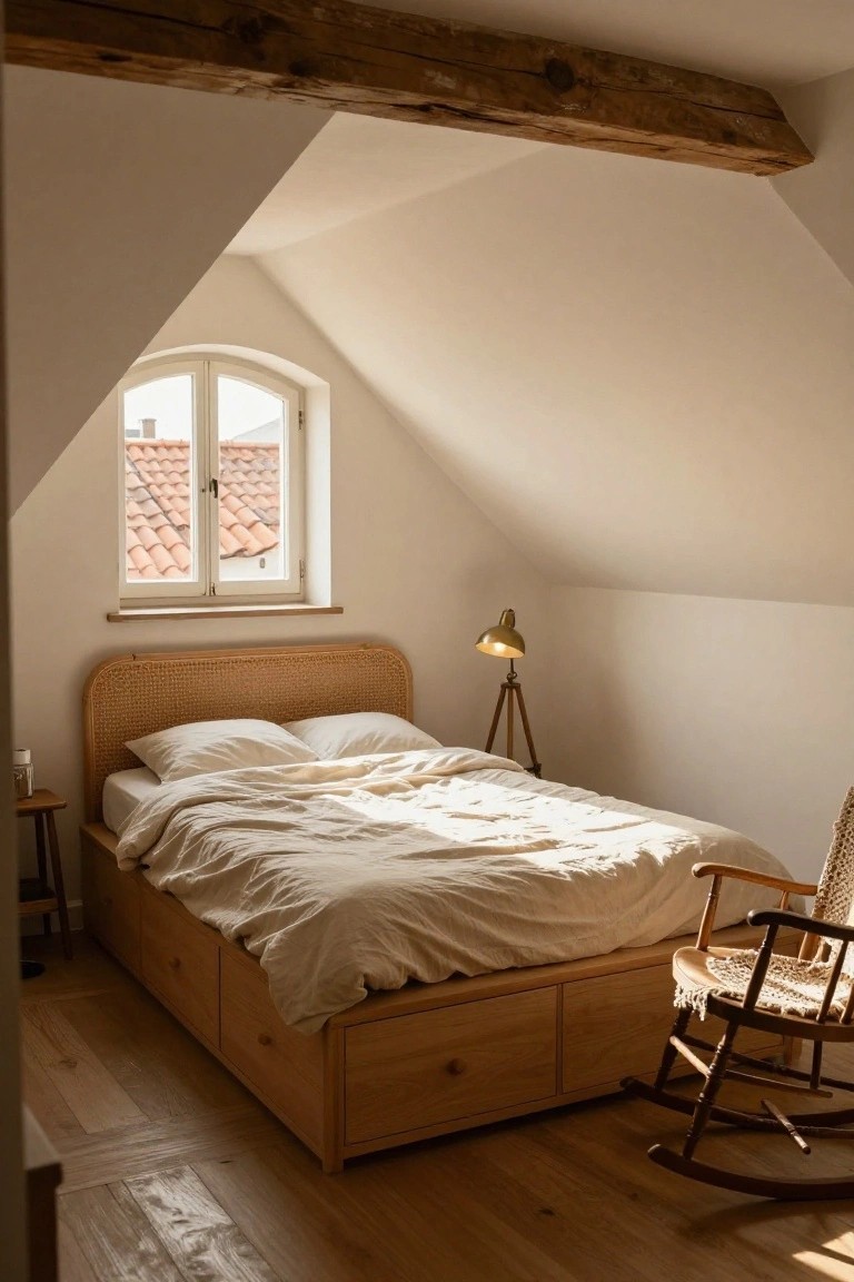Sunlit attic bedroom with sloped white walls and exposed wooden beams, rattan headboard bed with white linens and pillows, brass tripod lamp, wooden stool, and rocking chair on oak floors, arched window showing terracotta roof outside.