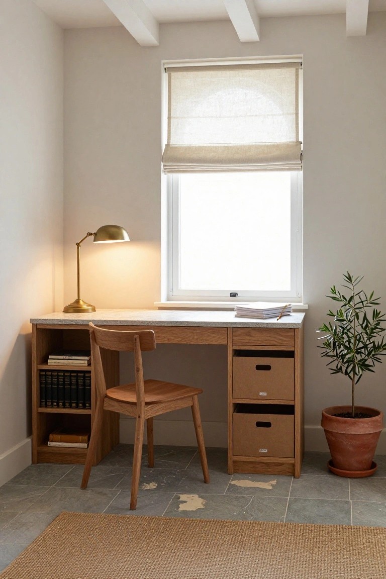 Wooden oak desk with open lower shelves holding books, two drawers, a wooden chair, brass desk lamp, stacked papers on the white countertop, and potted olive tree next to a window with linen roman shade in a light room with beamed ceiling and tiled floor.