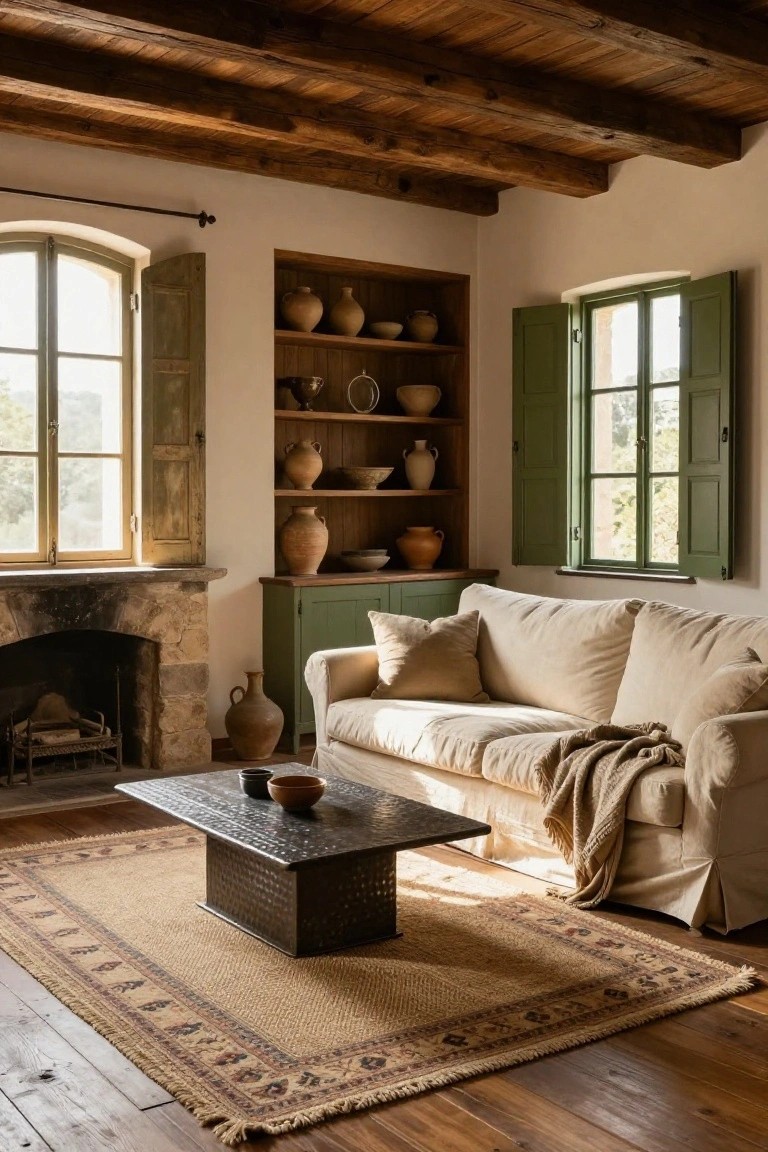 Rustic living room interior featuring exposed wooden ceiling beams, built-in wooden shelves displaying assorted terracotta pottery, a beige linen sofa, stone fireplace, hammered metal coffee table, and beige rug with patterned borders.