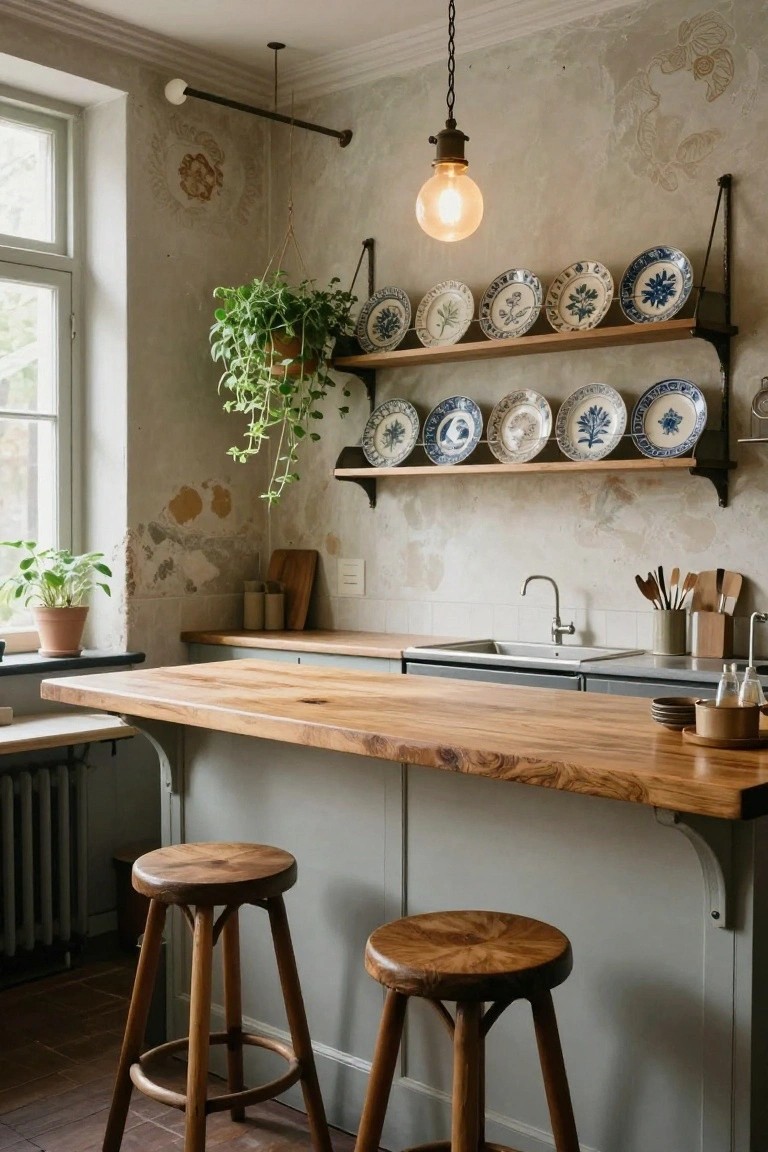 A kitchen interior with a live-edge wooden bar counter, two wooden stools, blue and white plates on wooden shelves against an aged plaster wall, hanging plants, and a sink area.
