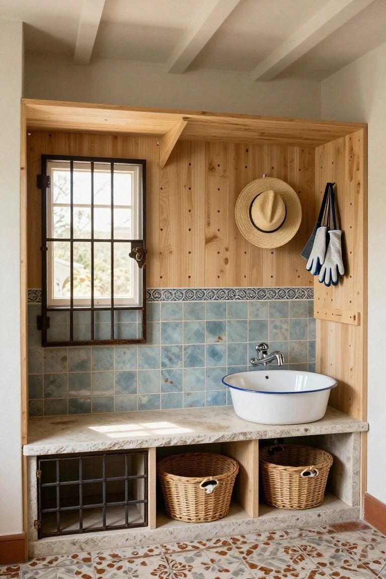 Wooden alcove interior with pine paneling, blue tiled sink area, enamel sink, barred window, hanging straw hat and gloves, wicker baskets in shelves, and terracotta tile floor.