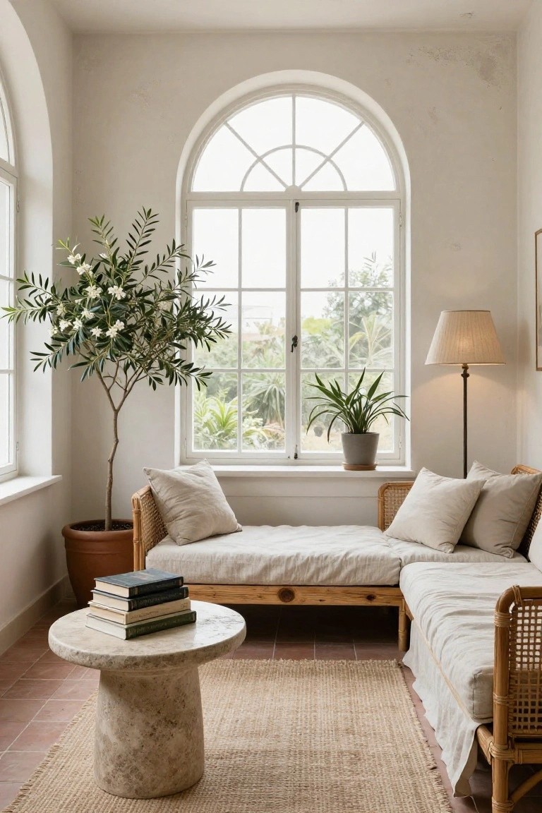 White-walled interior room with arched windows showing greenery outside, beige rattan daybed with linen cushions, tall potted olive tree, stone pedestal table topped with stacked books, potted snake plant on windowsill, floor lamp, seagrass rug, and terracotta tile floor.