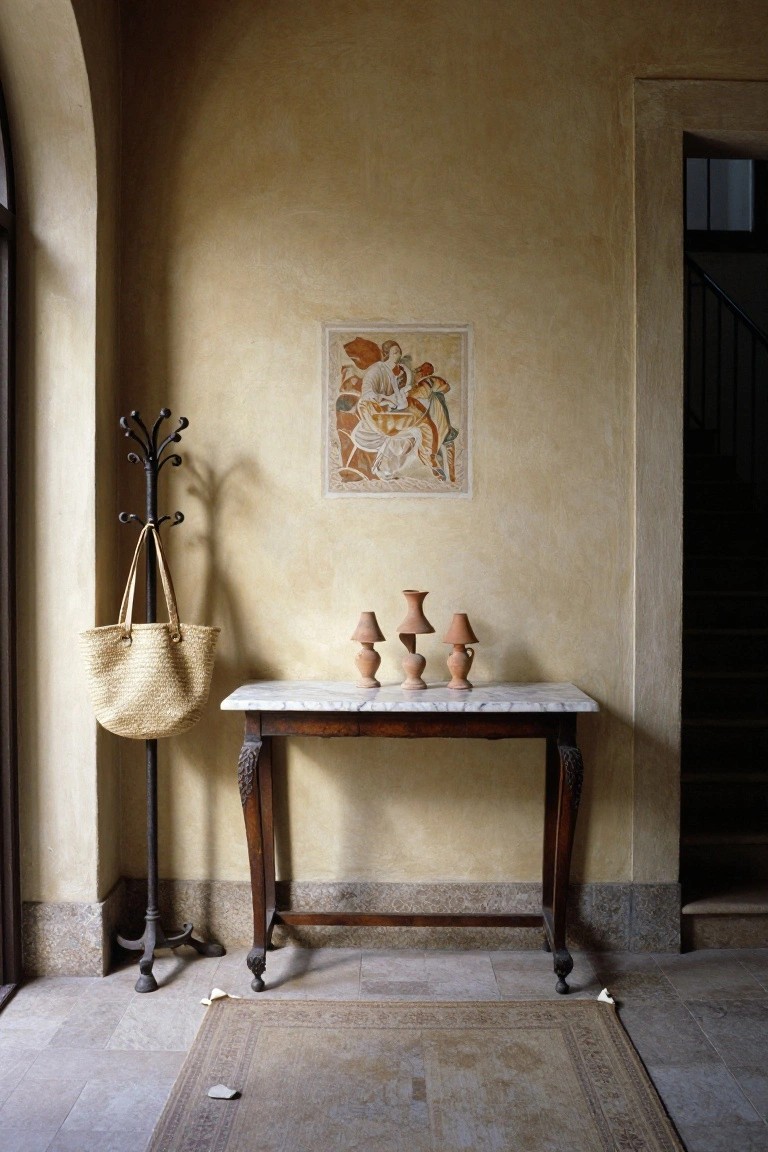 Corner of a beige-walled room with arched window, black metal coat rack holding straw bag, wooden console table topped in marble holding three terracotta lamps, wall art above, and partial view of stairs and rug on tile floor.