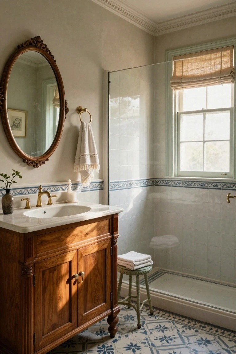 Traditional bathroom with wooden vanity cabinet, white marble sink, brass faucet, ornate oval mirror, glass shower enclosure, blue patterned tile floor, and window with bamboo shade.