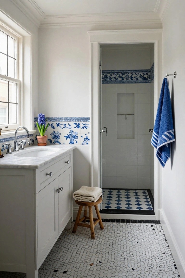 A narrow white interior bathroom with blue and white patterned tile borders on walls, white marble sink vanity and cabinets, wooden stool with folded white towel, blue towel on rack, hyacinth plant in terracotta pot, and open white-tiled shower with blue and white checkered floor.